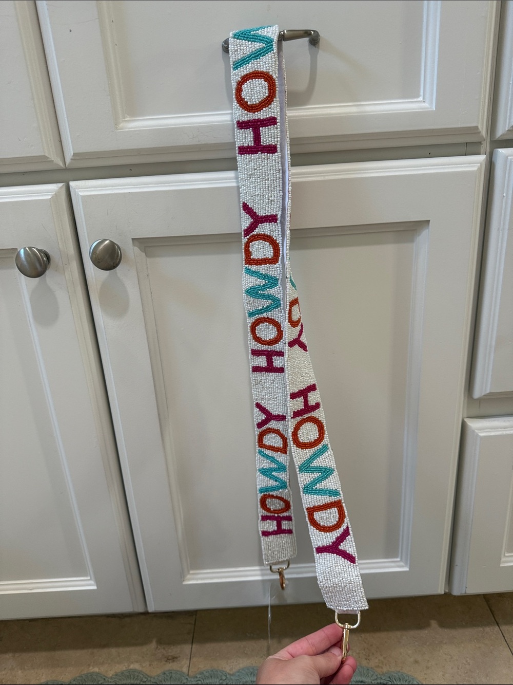 Beaded Howdy Crossbody Strap in White/pink/orange/blue letters gold hardware